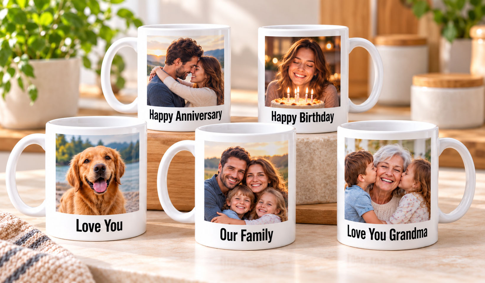 Selection of personalised photo mugs featuring family, couple and pet photographs with text