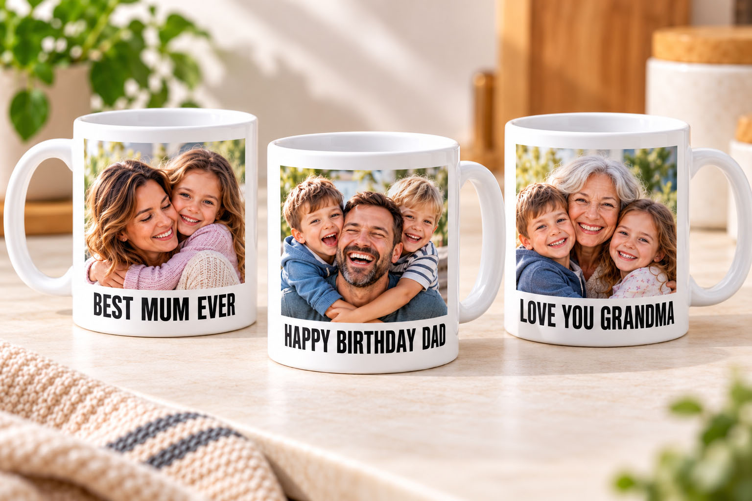 Personalised photo mugs with names and short birthday messages