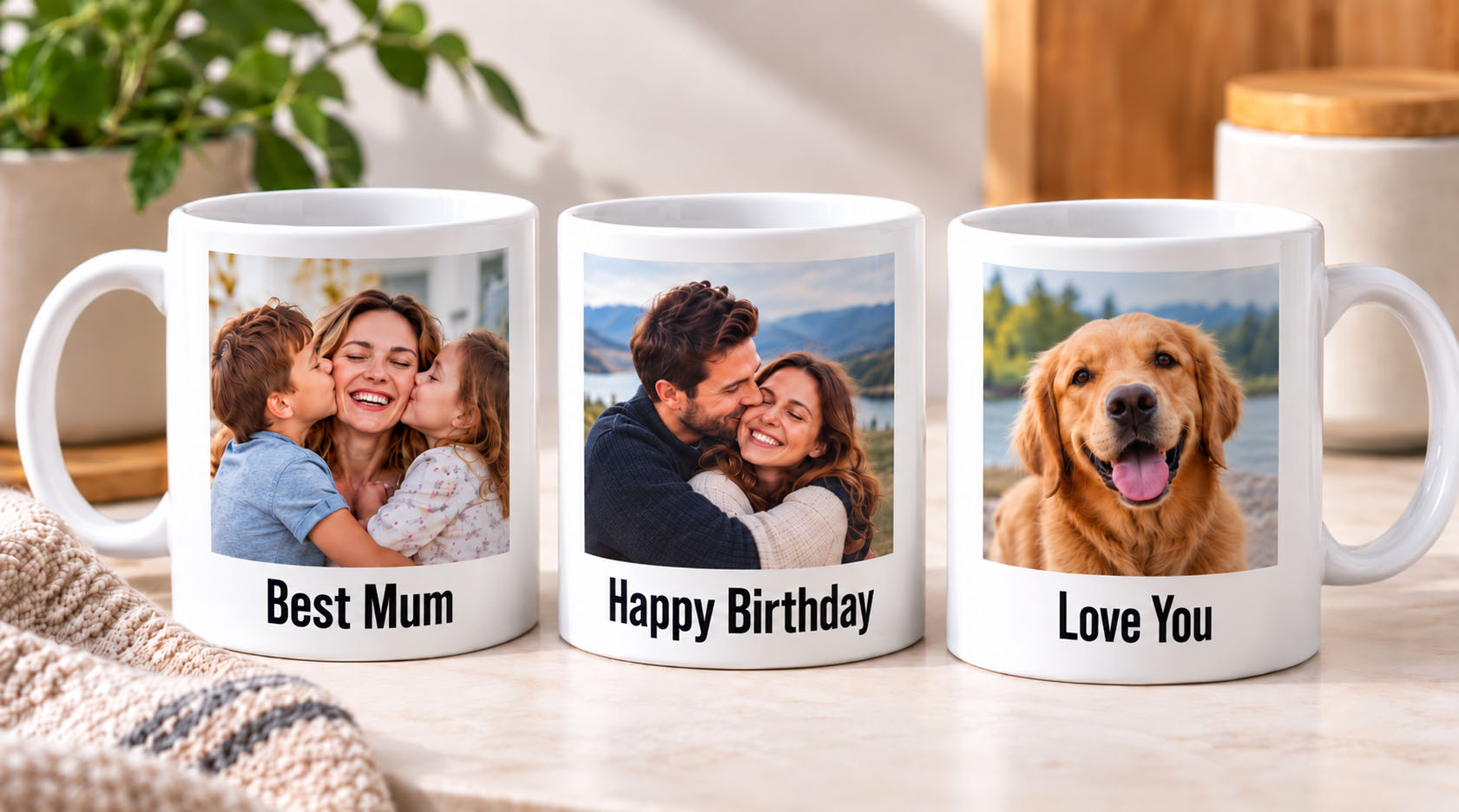 Three personalised photo mugs featuring family, couple and pet photographs with custom text
