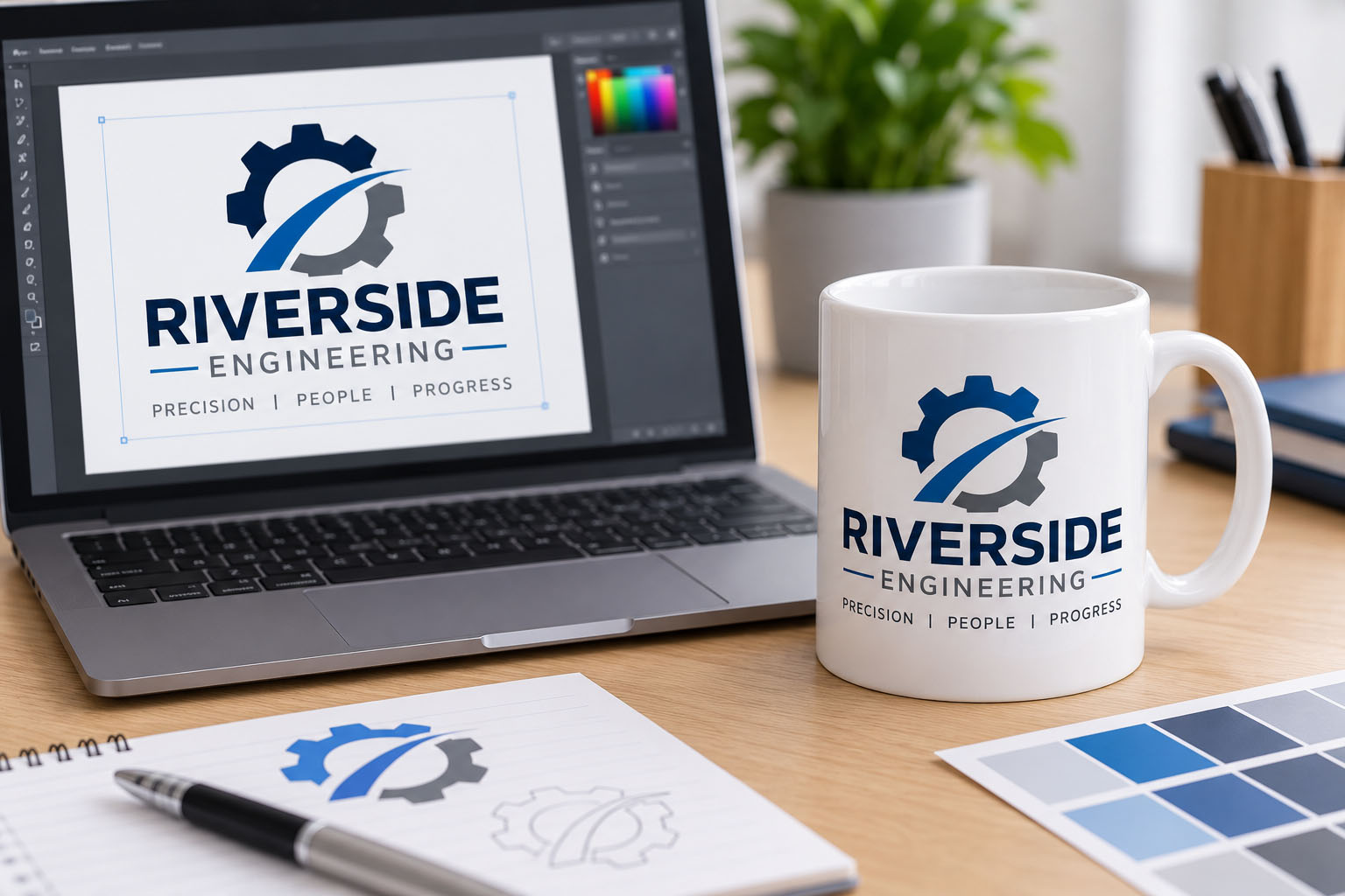 Business logo artwork displayed on a computer alongside a custom printed promotional mug