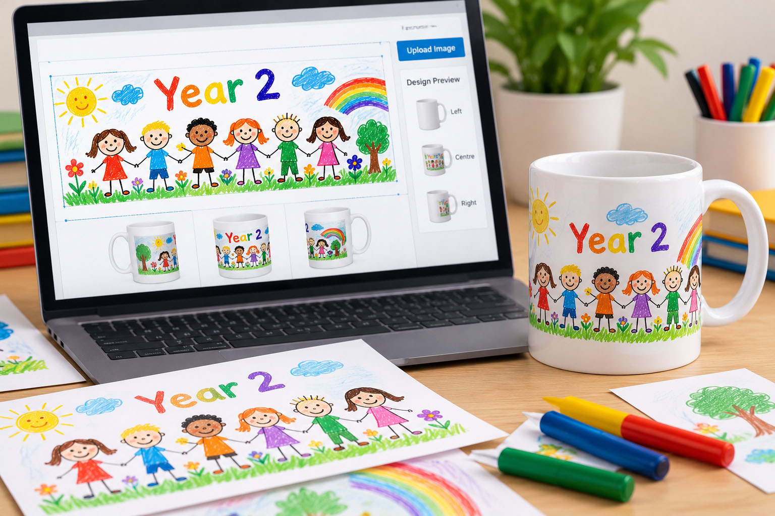 Children's class artwork being prepared on a computer for printing onto a personalised school mug