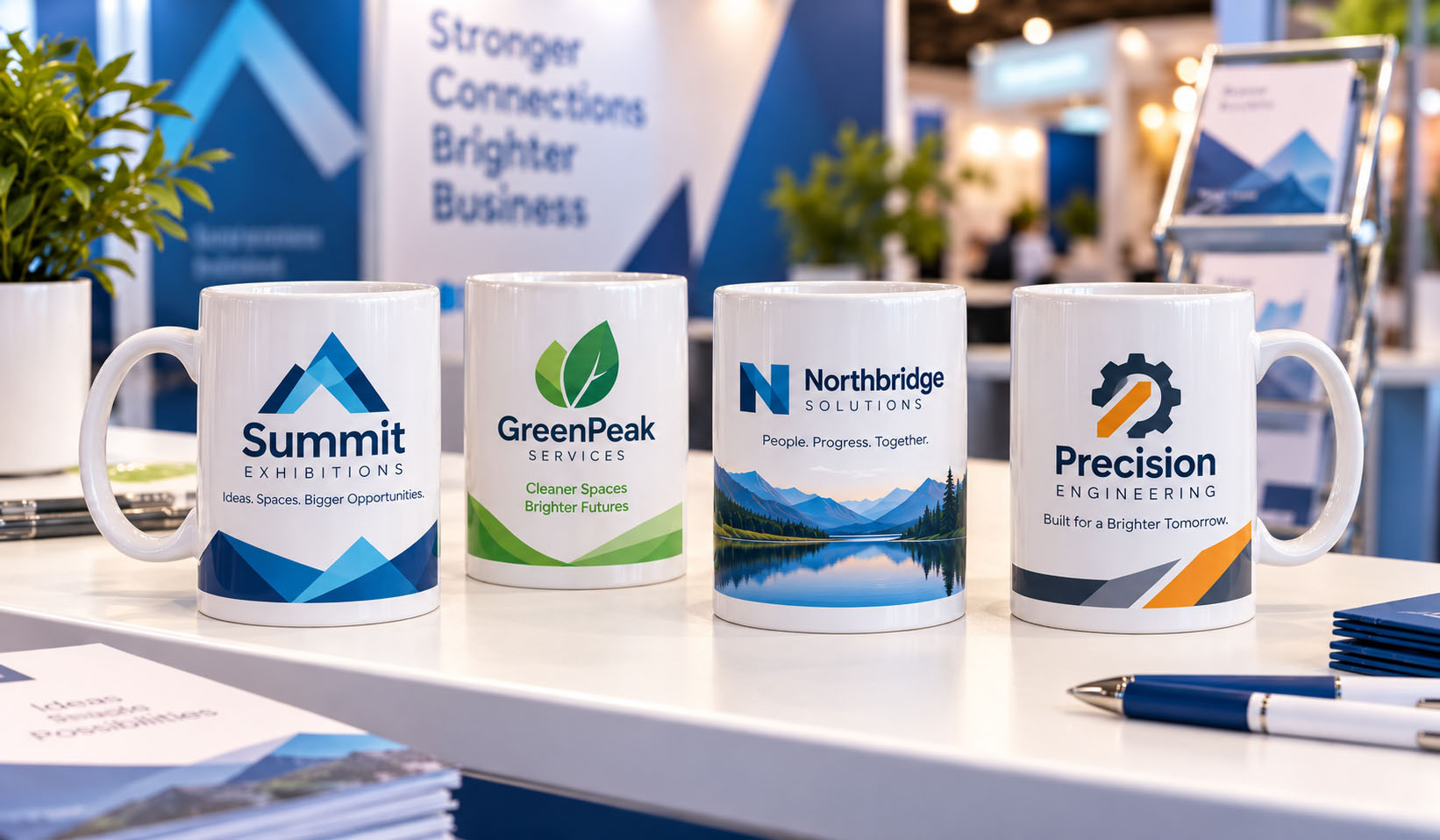 Custom printed promotional mugs with business logos displayed for a trade show