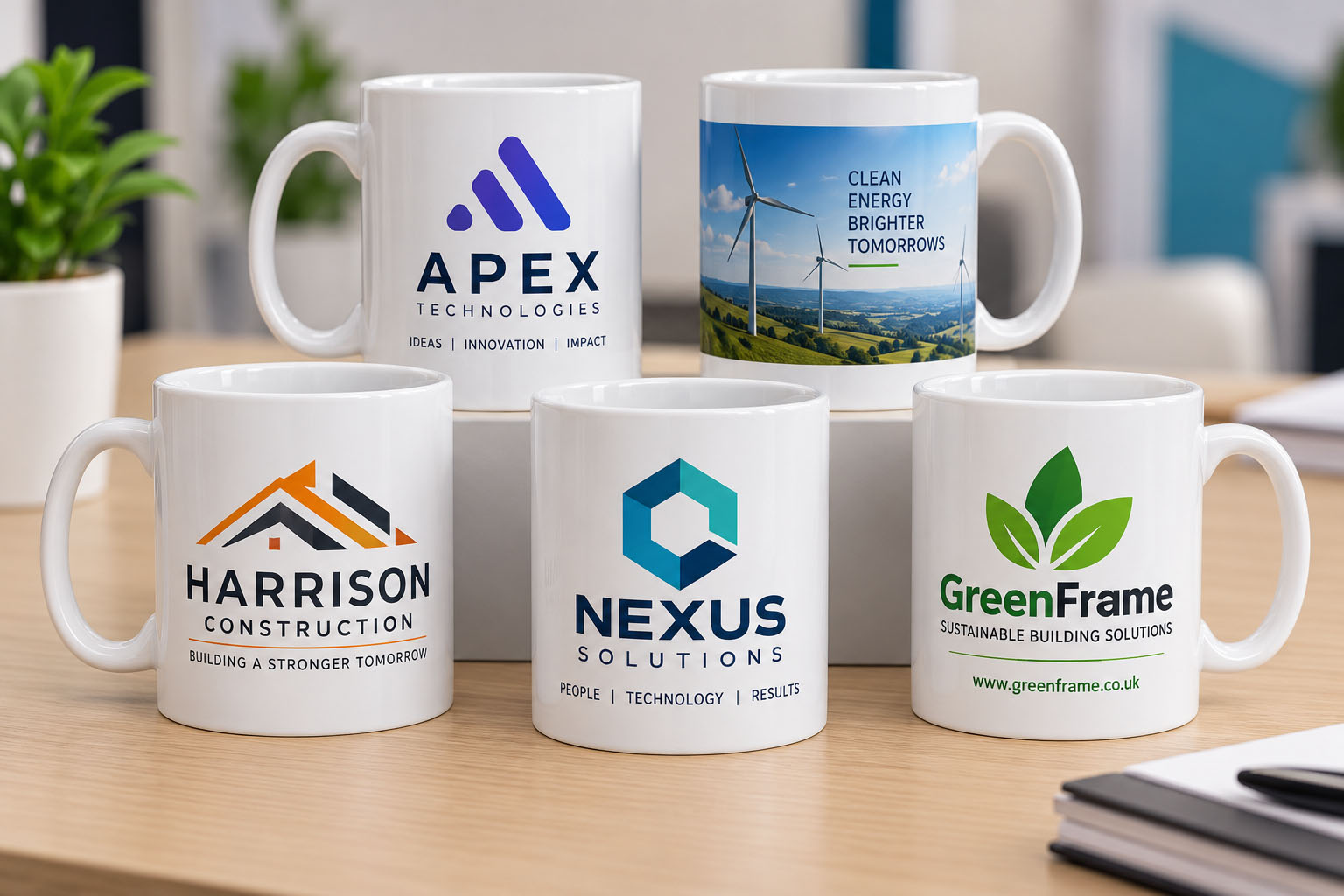 Examples of company logos and promotional artwork printed on white ceramic mugs