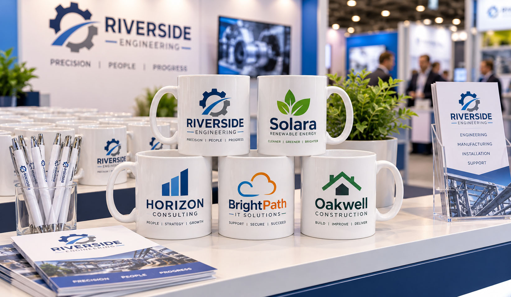 Selection of custom branded promotional mugs displayed on a professional exhibition stand