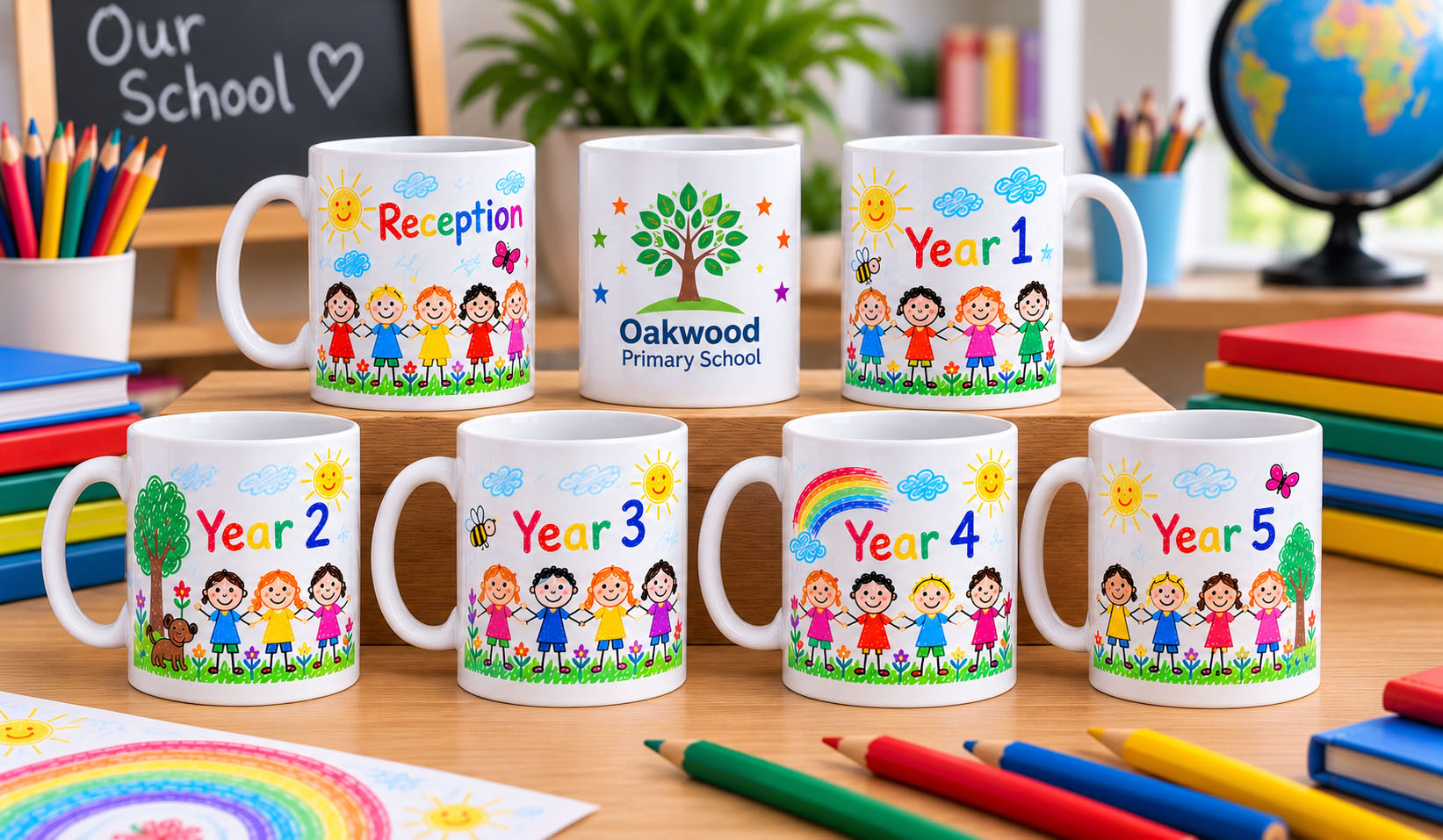 Collection of school fundraising mugs featuring colourful artwork from different classes
