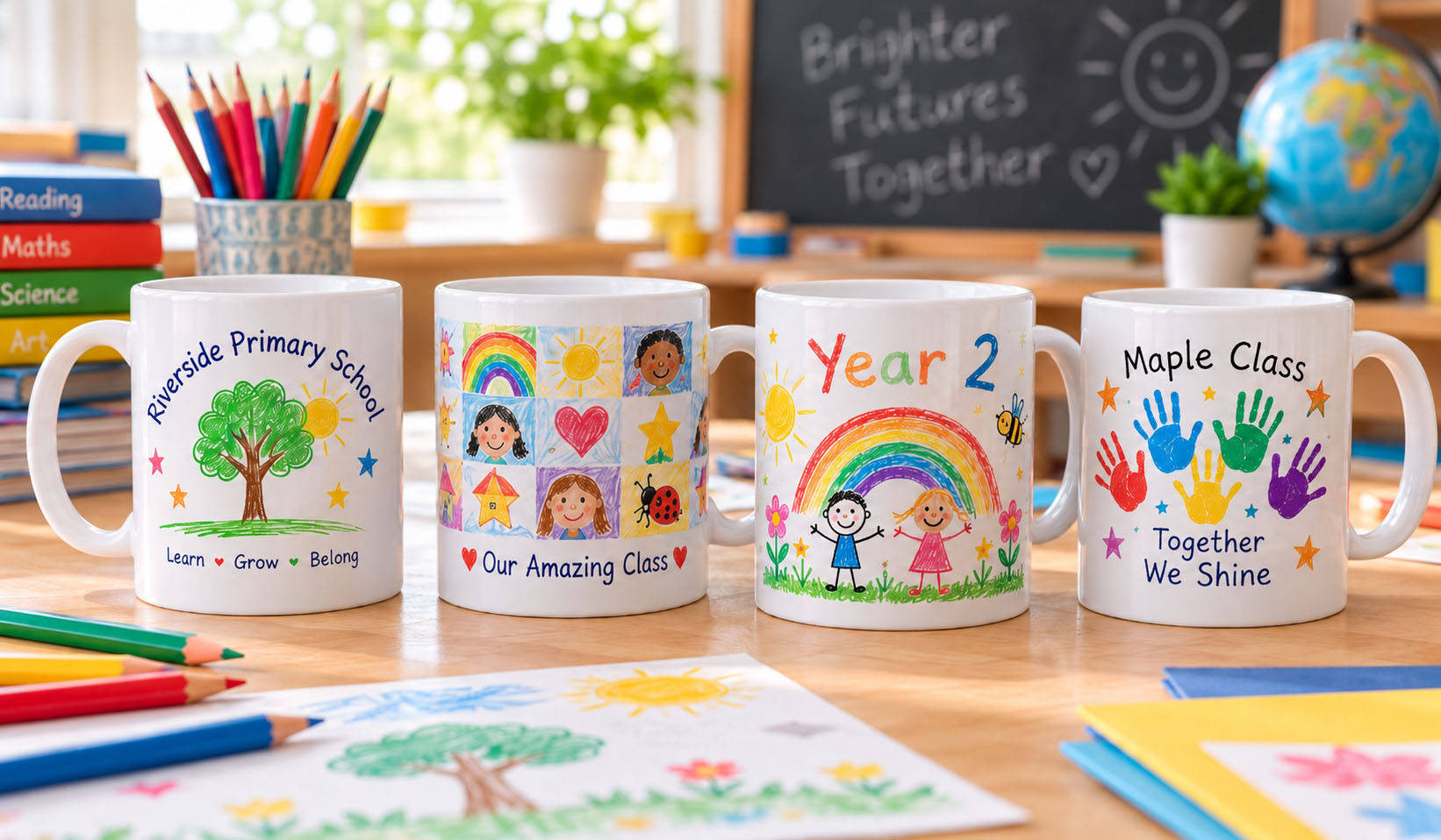 Personalised school fundraising mugs featuring colourful children's artwork and class designs