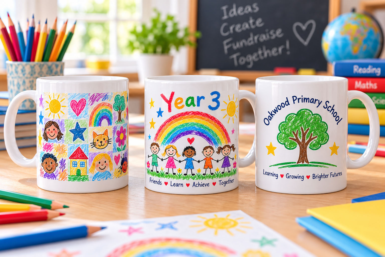 Examples of colourful children's drawings and school artwork used for personalised fundraising mugs